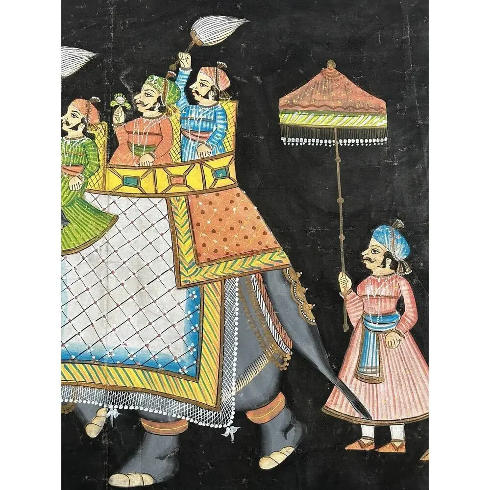 Vintage Indian Batik Black Cotton Wall Hanging Hand painted Elephants 28x60” Art